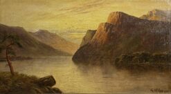Sunset over the Scottish Highland Loch, signed antique oil painting