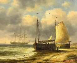 Traditional Fishing Boats Beached on Shore Signed English Oil Painting