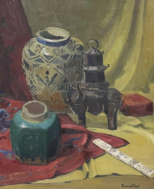 Mid 1900-1999 French Still Life Oriental Vases & Objects, signed Oil