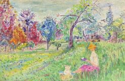 MID 1900-1999 FRENCH IMPRESSIONIST OIL - LADY SEATED IN LONG GRASS FIELD