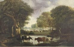VICTORIAN 1800-1899 ENGLISH OIL PAINTING - CATTLE DRINKING FROM WOODLAND POOL
