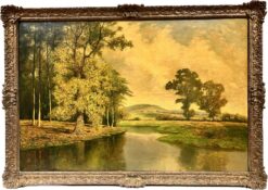 Huge British Oil Painting Golden River Landscape with Rising Hills, framed