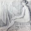 French Impressionist Nude Female Model Posed On Arm Chair Pencil Sketch