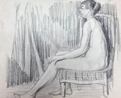 French Impressionist Nude Female Model Posed On Arm Chair Pencil Sketch