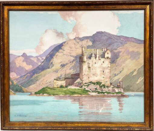 Eilean Donan Castle Scotland Original 1950's Painting Highland Loch Landscape