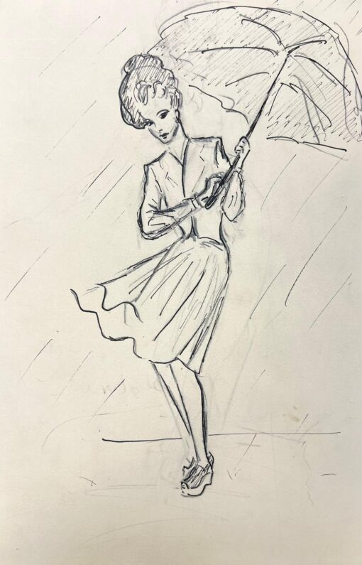 1950’s Fashion Illustration Painting Of A Chic Lady With Shielding The Rain