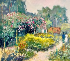 Figures Walking in Monet's Garden Giverny French Impressionist Signed Oil