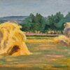 1930's French Post Impressionist Oil Painting Harvest Fields Wheat Corn Stacks