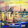 Sunset over Blue Boats in Harbor Very Large 1970’s French Signed Oil on Canvas