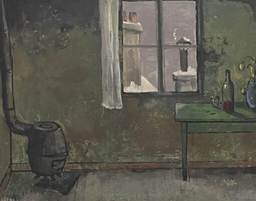 Parisian Interior Attic Room Mid 1900-1999 French Signed Oil, Rooftop Views