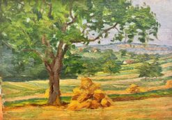 1930's French Post Impressionist Oil Painting Haystack under Tree Landscape