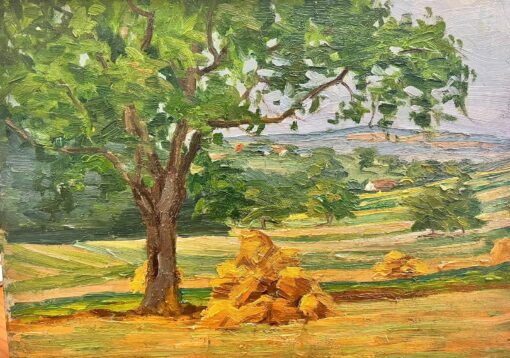 1930's French Post Impressionist Oil Painting Haystack under Tree Landscape