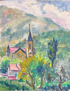 1950's French Bright Village Church Among the Hills Post-Impressionist Oil