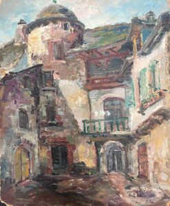Mid 1900-1999 1950's French Post-Impressionist Oil Medieval Town Buildings