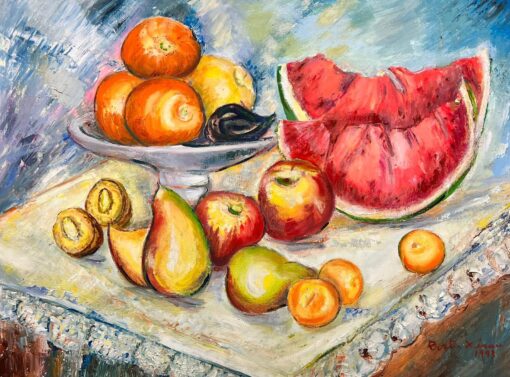 Watermelons & Fruit Large Modernist Still Life Painting Spanish Artist