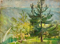 1920’s Belgian Impressionist Oil Deep Green Trees in Golden Landscape