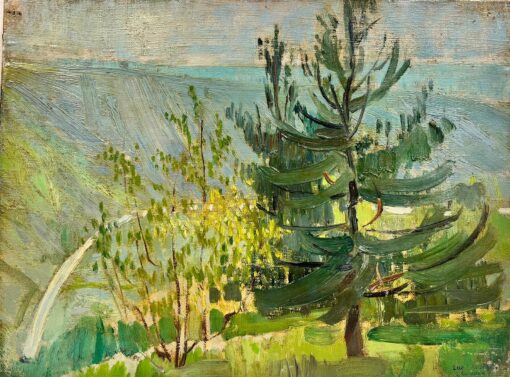 1920’s Belgian Impressionist Oil Deep Green Trees in Golden Landscape