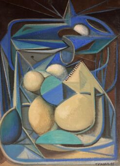 1950’s French Surrealist Signed Oil Painting Cubist Blue Green Cream Abstract