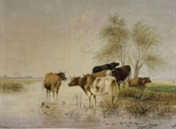 Cattle Watering Tranquil Pastures Signed 1800-1899 English Oil Painting