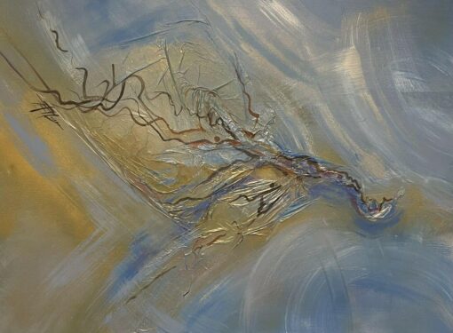 Very Large French Abstract Painting - blend & fusion of colors, gold and blues