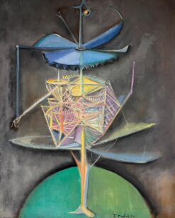 1970’s French Surrealist Signed Oil Painting Green Abstract Composition