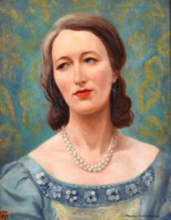 MID 1900-1999 BRITISH OIL - PORTRAIT OF A LADY IN PEARL NECKLACE - TEAL GREEN