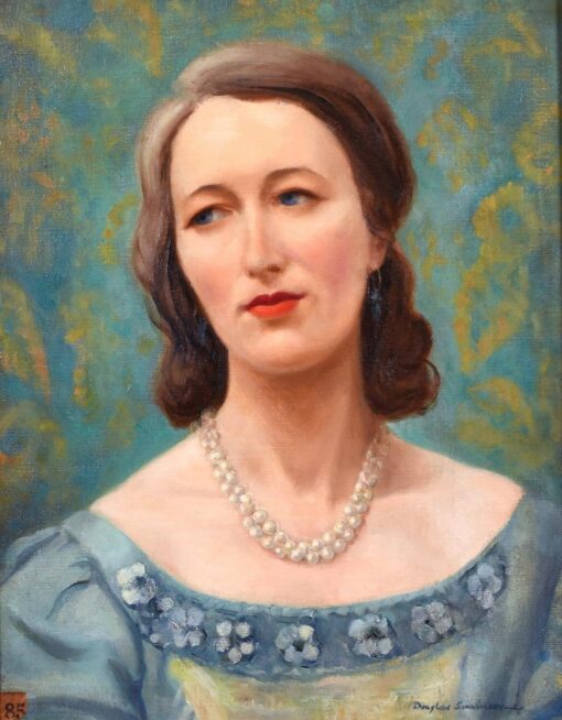 MID 1900-1999 BRITISH OIL - PORTRAIT OF A LADY IN PEARL NECKLACE - TEAL GREEN