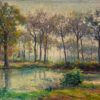 Mid 1900-1999 French Impressionist Oil Dappled Light Golden River Landscape