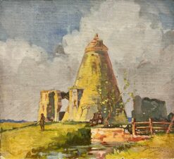British Mid 1900-1999 Impressionist Painting - man outside tall building