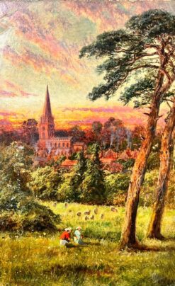 Antique Victorian English Figures In Sheep Field With The Sunrise Over Village