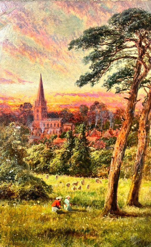 Antique Victorian English Figures In Sheep Field With The Sunrise Over Village