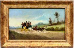 Antique English Signed Oil Coach & Four Horses with Passengers in Countryside