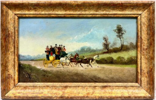Antique English Signed Oil Coach & Four Horses with Passengers in Countryside