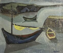 1950's French Mid 1900-1999 Signed Modernist Oil Boats in a Harbour