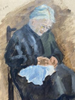 GENEVIEVE ZONDERVAN (1922-2013) 1940's FRENCH OIL PAINTING - ELDERLY LADY SEWING