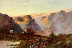 Antique Scottish Highlands Oil Sheep in Sunset Dramatic Scotland Glen Valley