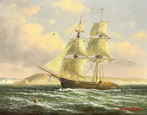 Classic Tall Sailing Ship in Choppy Waters off Coastline, signed oil painting