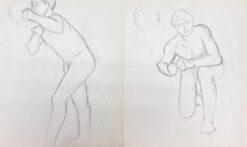 French Impressionist Set of Two Nude Male Figures Showering Pencil Sketch