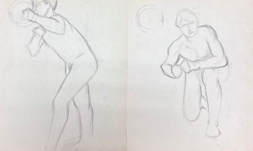French Impressionist Set of Two Nude Male Figures Showering Pencil Sketch