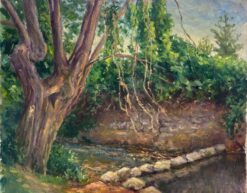 Mid 1900-1999 1950's French Impressionist Oil Woodland River Bank
