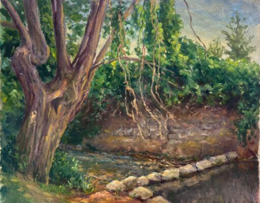 Mid 1900-1999 1950's French Impressionist Oil Woodland River Bank