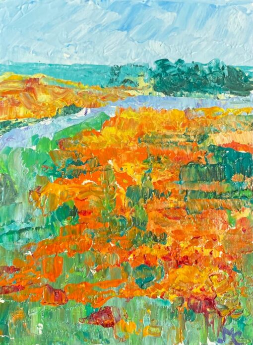 Multicolor French Impressionist Oil Painting Orange Meadow Alongside River Bank