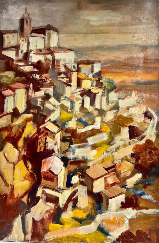 Provence Hill Top Perched Village 1960's French Oil Painting Orange Ochre Colors