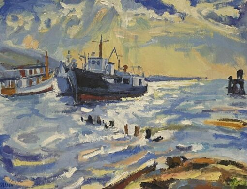Large Chicago Impressionist Oil Painting Fishing Boats Choppy Seas Harbour