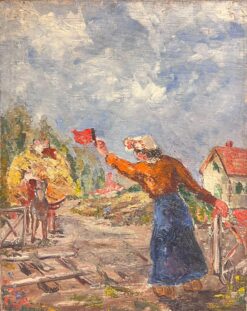 Mid 1900-1999 French Post-Impressionist Oil Haycart with Figures in Village