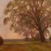 MID CENTURY SIGNED OIL PAINTING - MOODY DUSKY MUTED LANDSCAPE TREES & HAYSTACKS