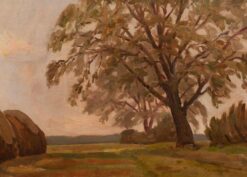 MID CENTURY SIGNED OIL PAINTING - MOODY DUSKY MUTED LANDSCAPE TREES & HAYSTACKS