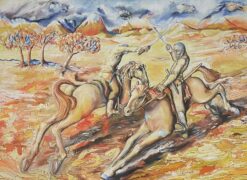 Huge French 1900-1999 Surrealist Oil Painting Knights on Horseback Swordfight