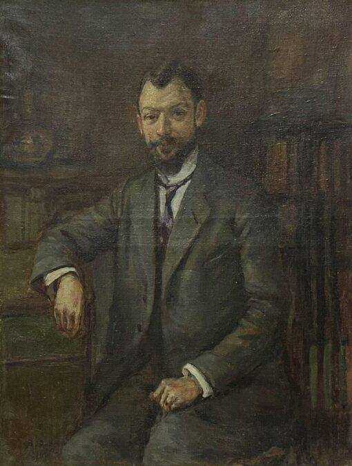 Signed French Impressionist Oil Painting Portrait of a Man seated in Library