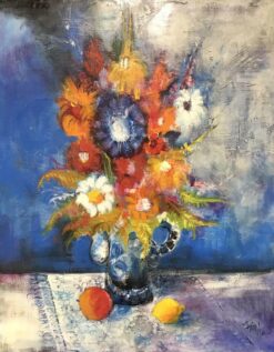HUGE 1970'S FRENCH MODERNIST SIGNED OIL - BRIGHT & COLORFUL STILL LIFE FLOWERS